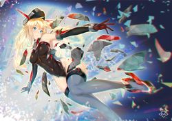 Rule 34 | 10s, 1girl, adapted costume, anchor, anchor choker, armor, bare shoulders, bismarck (kancolle), blonde hair, blue eyes, bottomless, covered navel, elbow gloves, covered erect nipples, floating, floating hair, gloves, hat, highres, impossible clothes, kantai collection, leg up, leotard, neon trim, open hand, outstretched arm, parted lips, peaked cap, skin tight, smile, solo, thighhighs, uyu (keyakinoki)