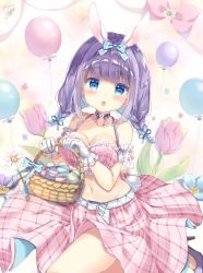 Rule 34 | 1girl, :o, animal ear fluff, animal ears, balloon, bare shoulders, basket, blue bow, blue eyes, blue flower, blue ribbon, blush, bow, braid, breasts, collarbone, commentary request, crop top, easter, easter egg, egg, flower, frills, gloves, hair bow, hair ribbon, high heels, holding, holding basket, large breasts, long hair, looking at viewer, low twintails, original, pale color, parted lips, pastel colors, pink bow, pink flower, pink skirt, plaid, plaid skirt, polka dot, polka dot bow, purple flower, purple footwear, purple hair, rabbit ears, rabbit girl, rabbit tail, ribbon, saeki sora, shoes, short twintails, signature, skirt, solo, tail, teeth, twin braids, twintails, upper teeth only, white flower, white gloves