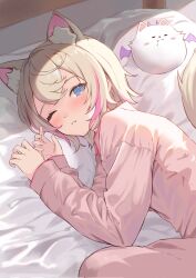 Rule 34 | 1girl, ;3, alternate costume, animal ear fluff, animal ears, blonde hair, blue eyes, blush, crossed bangs, dog ears, dog girl, dog tail, double-parted bangs, highres, hololive, hololive english, long sleeves, lying, mococo abyssgard, morning, multicolored hair, namakatsu, on bed, on side, one eye closed, pajamas, perroccino (fuwamoco), pink hair, solo, streaked hair, tail, virtual youtuber, waking up