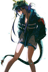 Rule 34 | 1girl, arknights, bare legs, baseball cap, blue hair, blue hat, blue jacket, blue shorts, ch&#039;en (arknights), ch&#039;en the holungday (arknights), collarbone, commentary request, dragon horns, dragon tail, eyewear on headwear, feet out of frame, female focus, food, food in mouth, guagua shijie, hands in pockets, hat, horns, horns through headwear, jacket, long hair, long sleeves, looking at viewer, official alternate costume, ponytail, popsicle, red eyes, shorts, sidelocks, simple background, solo, sunglasses, tail, water drop, white background