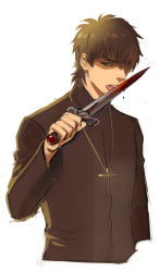 Rule 34 | 1boy, licking blade, brown eyes, brown hair, cross, cross necklace, dagger, fate/zero, fate (series), jewelry, knife, kotomine kirei, licking, licking weapon, male focus, necklace, solo, spzhsla, weapon