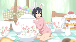Rule 34 | 1girl, absurdres, animal ears, barefoot, basket, black hair, blurry, brown eyes, cake, chromatic aberration, cup, depth of field, easter, easter egg, egg, fake animal ears, food, highres, k-on!, kemonomimi mode, leaning forward, long hair, long sleeves, looking at viewer, mini person, minigirl, nakano azusa, naked sweater, oku no shi, on table, open mouth, oversized object, pink sweater, rabbit ears, rabbit tail, saucer, sitting, sleeves past wrists, solo, strawberry shortcake, sweater, table, tablecloth, tail, tea set, teacup, teapot, twintails, yokozuwari
