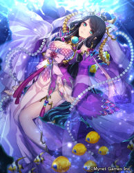 Rule 34 | 1girl, bad leg, beads, black hair, bow, breasts, bubble, cleavage, company name, detached sleeves, duplicate, fish, glint, gyakushuu no fantasica, hair beads, hair ornament, headpiece, highres, jewelry, katagiri hachigou, long hair, looking at viewer, mole, mole under mouth, necklace, official art, outdoors, parted lips, pearl necklace, pixel-perfect duplicate, pointy ears, solo, tassel, thighlet, tropical fish, underwater, watermark, white bow, wide sleeves, xi shi (gyakushuu no fantastica)