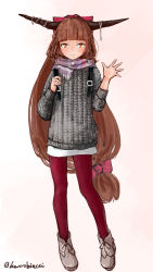 Rule 34 | 1girl, alternate costume, artist name, blunt bangs, bow, brown eyes, brown hair, casual, contemporary, full body, gradient background, grey sweater, hair bow, hand up, highres, horns, ibuki suika, kanrobi, long hair, looking at viewer, low-tied long hair, pantyhose, pink background, pink bow, red bow, red pantyhose, scarf, shoes, solo, standing, sweater, touhou, very long hair, waving, white background, white footwear