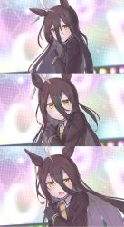 Rule 34 | 1girl, :d, :o, ahoge, animal ears, black gloves, black hair, black jacket, brown eyes, brown neckwear, closed mouth, collared shirt, commentary request, ear tag, gloves, hair between eyes, hand up, highres, horse ears, jacket, long hair, long sleeves, looking at viewer, manhattan cafe (umamusume), mochiki, necktie, open mouth, parted lips, shirt, smile, umamusume, very long hair, white shirt