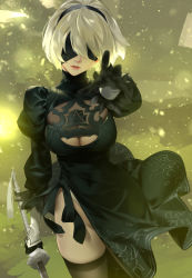 Rule 34 | 1girl, absurdres, black blindfold, black dress, blindfold, breasts, cleavage, cleavage cutout, clothing cutout, covered eyes, dress, feather-trimmed sleeves, has bad revision, has downscaled revision, highres, juliet sleeves, large breasts, long sleeves, md5 mismatch, mole, mole under mouth, nier:automata, nier (series), outstretched arm, puffy sleeves, resolution mismatch, short hair, solo, source smaller, white hair, yd (orange maru), 2b (nier:automata)