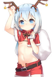 Rule 34 | 1girl, antlers, arm up, belt, belt buckle, black belt, blue eyes, blue hair, blush, bow, breasts, buckle, capelet, christmas ornaments, closed mouth, commentary, cowboy shot, darnell, eromanga sensei, fur-trimmed capelet, fur trim, hair between eyes, hair bow, highres, holding, holding sack, horns, izumi sagiri, looking up, navel, open fly, pink bow, red capelet, red shorts, reindeer antlers, sack, short shorts, shorts, simple background, small breasts, solo, sweat, white background