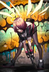 Rule 34 | 1girl, absurdres, arknights, bent over, black footwear, black gloves, black pantyhose, black skirt, commentary, detached wings, exusiai (arknights), fingerless gloves, fixro2n, gloves, graffiti, gun, hair over one eye, halo, highres, holding, holding gun, holding weapon, huge filesize, jacket, looking at viewer, miniskirt, pantyhose, pouch, purple hair, raglan sleeves, red eyes, shoes, short hair, skirt, smile, solo, standing, weapon, white jacket, wings