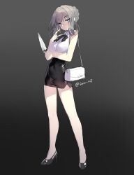 Rule 34 | 1girl, adjusting eyewear, arm under breasts, bag, bare legs, black bow, black bowtie, black footwear, blouse, blue eyes, bow, bowtie, braid, braided bun, breasts, character request, closed mouth, copyright request, covered navel, full body, glasses, gradient background, grey background, grey hair, hair bun, half-closed eyes, handbag, high-waist skirt, high heels, highres, holding, holding knife, knife, looking at viewer, medium breasts, rimless eyewear, saru, shirt, skirt, sleeveless, solo, standing, twitter username, white shirt