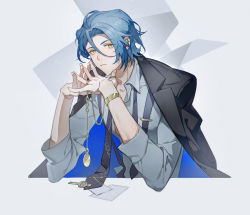 Rule 34 | 1boy, black jacket, black necktie, blue hair, bracelet, closed mouth, earclip, elbows on table, ensemble stars!, expressionless, hair strand, highres, himeru (ensemble stars!), interlocked fingers, jacket, jacket on shoulders, jewelry, laoelaoee, looking at viewer, male focus, necktie, paper, partially unbuttoned, pendant, pendant removed, print necktie, shirt, short hair, solo, suspenders, tie clip, undone necktie, upper body, white background, white shirt, yellow eyes