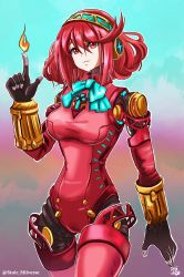 Rule 34 | 1girl, aegis (persona), android, aqua neckwear, breasts, chest jewel, cowboy shot, fire, fusion, gradient background, headphones, highres, joints, mechanization, medium breasts, narrow waist, persona, persona 3, pyra (xenoblade), pyrokinesis, red eyes, red hair, robot joints, short hair, solo, stoic seraphim, swept bangs, twitter username, xenoblade chronicles (series), xenoblade chronicles 2