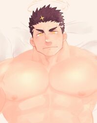 Rule 34 | 1boy, bara, black hair, facial hair, fire, flaming halo, halo, large pectorals, looking at viewer, male focus, mature male, muscular, muscular male, nude, pectoral focus, pectorals, po fu, short hair, solo, stubble, sweatdrop, thick eyebrows, tokyo houkago summoners, upper body, zabaniyya (housamo)