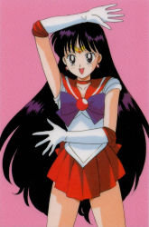 Rule 34 | 1990s (style), arm up, bishoujo senshi sailor moon, black eyes, black hair, choker, cowboy shot, earrings, elbow gloves, feet out of frame, gloves, hino rei, jewelry, leotard, long hair, magical girl, miniskirt, official art, open mouth, pink background, pleated skirt, red neckwear, red sailor collar, red skirt, retro artstyle, sailor collar, sailor mars, scan, simple background, skirt, solo, star (symbol), star earrings, tadano kazuko, tiara, very long hair