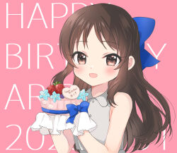 Rule 34 | 1girl, blue bow, blue flower, blue ribbon, blush, bow, breasts, brown eyes, brown hair, cake, cream, dot nose, flower, food, fruit, grey shirt, hair bow, hair ribbon, hands up, happy birthday, highres, holding, holding cake, holding food, idolmaster, idolmaster cinderella girls, idolmaster cinderella girls starlight stage, long hair, looking at viewer, open mouth, pink background, ribbon, shima(kanidess), shirt, sleeveless, sleeveless shirt, small breasts, smile, solo, strawberry, tachibana arisu