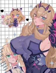 Rule 34 | 2girls, ahoge, artoria caster (fate), artoria caster (first ascension) (fate), artoria pendragon (fate), barghest (fate), barghest (second ascension) (fate), black dress, blonde hair, blue eyes, blush, breasts, chibi, chibi inset, covered erect nipples, dress, fate/grand order, fate (series), gloves, green eyes, grid background, hat, heterochromia, horns, koani11111, large breasts, long hair, looking at viewer, multiple girls, partially shaded face, red eyes, sideboob, tall female, twintails, vest, white vest