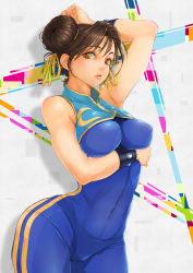 Rule 34 | 1girl, alternate costume, arm up, bare shoulders, bodysuit, breast hold, breasts, brown hair, cameltoe, capcom, chun-li, covered erect nipples, cowboy shot, double bun, eyebrows, eyelashes, female focus, hair bun, highres, large breasts, lips, looking at viewer, maru-pen, pantylines, parted lips, ribbon, sash, shadow, skin tight, sleeveless, sleeveless bodysuit, solo, street fighter, street fighter zero (series), white background, wristband, yellow eyes, yellow ribbon
