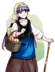 Rule 34 | 1girl, alternate costume, aoba (smartbeat), apron, baguette, bandana, basket, black shirt, blue apron, blue eyes, bread, breasts, brown skirt, collarbone, corset, fate/grand order, fate (series), food, layered shirt, long hair, long skirt, looking at viewer, martha (fate), medium breasts, purple hair, shirt, skirt, smile, solo, white shirt