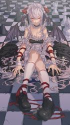 Rule 34 | 1girl, absurdres, ahoge, bishop (chess), black footwear, blush, breasts, checkered floor, chess piece, cleavage, closed mouth, commentary, demon wings, dress, english commentary, hair ribbon, head wings, highres, hxxg, kneehighs, knight (chess), long hair, looking at viewer, maid headdress, medium breasts, original, pawn (chess), pink eyes, red ribbon, ribbon, rook (chess), shoes, silver hair, socks, solo, twintails, white dress, white socks, wings, wrist cuffs