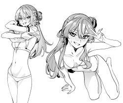 Rule 34 | 1girl, bikini, blush, bracelet, breasts, greyscale, grin, highres, hololive, hoshimachi suisei, jewelry, long hair, longlong (drasdr7513), looking at viewer, medium breasts, monochrome, multiple views, navel, simple background, smile, solo, sweatdrop, swimsuit, undressing, v, virtual youtuber, white background