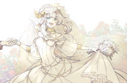 Rule 34 | 1girl, bare shoulders, blue eyes, bouquet, breasts, dress, fate/grand order, fate (series), flower, gloves, holding, holding bouquet, marie antoinette (fate), medium breasts, open mouth, shuiqin, smile, solo, strapless, strapless dress, veil, white dress, white flower, white gloves, white hair