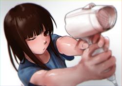 Rule 34 | 1girl, bad id, bad twitter id, black hair, blunt bangs, blurry, blurry foreground, brown eyes, depth of field, foreshortening, hair dryer, hatsuyuki (kancolle), highres, hime cut, holding, holding hair dryer, kantai collection, long hair, one eye closed, sakieko, shirt, simple background, solo, t-shirt, two-handed, white background