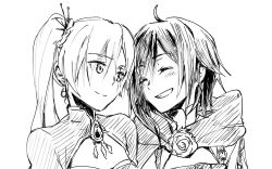 Rule 34 | 2girls, ahoge, cape, cleavage cutout, clothing cutout, commentary, earrings, closed eyes, greyscale, jewelry, monochrome, multiple girls, ponytail, ruby rose, rwby, scar, scar across eye, scar on face, sketch, smile, tsuta no ha, weiss schnee