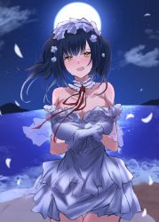 Rule 34 | 1girl, :d, absurdres, black hair, blush, breasts, brown eyes, cleavage, cloud, crying, crying with eyes open, detached sleeves, dress, full moon, gloves, highres, horizon, large breasts, looking at viewer, moon, neck ribbon, night, night sky, nijisanji, nose blush, ocean, open mouth, outdoors, petals, puffy short sleeves, puffy sleeves, red ribbon, ribbon, see-through, short sleeves, sky, smile, solo, standing, strapless, strapless dress, tears, twintails, virtual youtuber, water, white dress, white gloves, white sleeves, yamagami karuta, yuki maccha (yukimattya10)