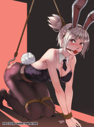 Rule 34 | 1girl, all fours, anal, anal hook, anal object insertion, animal ears, artist name, ball gag, bare shoulders, battle bunny riven, bdsm, black necktie, black pantyhose, blush, bondage, bound, bound legs, bound wrists, breasts, brown pantyhose, cleavage, detached collar, fake animal ears, gag, gagged, haimei1980, league of legends, leotard, looking at viewer, necktie, object insertion, pantyhose, playboy bunny, ponytail, puddle, rabbit ears, rabbit tail, red eyes, riven (league of legends), rope, saliva, short hair, silver hair, skindentation, solo, strapless, strapless leotard, tail, tears, torn clothes, torn pantyhose, v-shaped eyebrows, wiffle gag