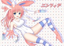 Rule 34 | 1girl, animal ears, boots, breasts, cleavage, gloves, high heel boots, high heels, long hair, personification, pink hair, pokemon, solo, swimsuit, sylveon, thighhighs, tundeledy