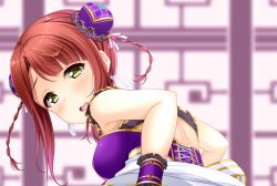 Rule 34 | 1girl, alternate hairstyle, artist name, artist request, back bow, bare shoulders, blush, bow, breasts, china dress, chinese clothes, cleavage, double bun, dress, earrings, embarrassed, female focus, green eyes, hair bun, hair ornament, hairclip, highres, jewelry, looking at viewer, love live!, love live! nijigasaki high school idol club, love live! school idol festival, love live! school idol festival all stars, minato spc, orange hair, parted lips, purple dress, purple wrist cuffs, red hair, short hair, side bun, sideboob, smile, solo, uehara ayumu, upper body, white bow, wrist cuffs, yellow eyes