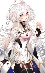Rule 34 | 1girl, antenna hair, commentary request, fate/grand order, fate/prototype, fate (series), fingernails, flower, goshiko86g, hair between eyes, hair intakes, highres, long hair, looking at viewer, merlin (fate/prototype), pink eyes, pink flower, pink nails, robe, simple background, smile, solo, very long hair, white background, white hair, white robe