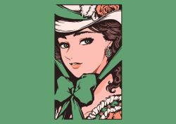 Rule 34 | 1girl, border, bow, brown hair, earrings, flower, frills, green border, green bow, green eyes, green ribbon, hat, hat flower, highres, jewelry, long hair, minillustration, original, parted lips, pink flower, ribbon, shadow, smile, solo, white hat