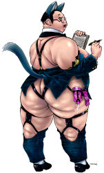 Rule 34 | 1boy, animal ears, ass, black hair, cat ears, cat tail, earrings, fat, fat man, glasses, jewelry, male focus, nipples, obese, purple eyes, simple background, solo, tagme, tail, tanuma yuuichirou, white background