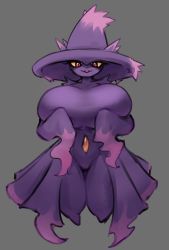 Rule 34 | 1girl, breasts, colored sclera, creatures (company), full body, game freak, gen 4 pokemon, gipehtyboo, grey background, hat, highres, huge breasts, legs, mismagius, nintendo, pokemon, pokemon (creature), red eyes, solo, thick thighs, thighs, yellow sclera
