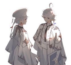 Rule 34 | 1boy, 1girl, ahoge, alisaie leveilleur, alphinaud leveilleur, black necktie, blue eyes, book, brother and sister, cape, capelet, chain, dress, earrings, elezen, elf, final fantasy, final fantasy xiv, from behind, from side, hair tubes, hat, holding, holding book, hutaway, jewelry, long coat, long hair, long sleeves, looking at another, matching earrings, necktie, pants, parted lips, pointy ears, profile, shade, shirt, short hair with long locks, siblings, single earring, smile, standing, white background, white cape, white capelet, white dress, white hair, white headwear, white pants, white shirt