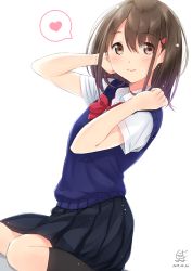 Rule 34 | 1girl, artist name, bashosho, black skirt, black socks, blush, bow, bowtie, brown eyes, brown hair, closed mouth, collared shirt, dated, artistic error, from side, hair between eyes, hair ornament, hairclip, hands up, heart, highres, kneehighs, looking at viewer, original, pleated skirt, red bow, red bowtie, school uniform, shirt, short sleeves, signature, simple background, sitting, skirt, smile, socks, solo, spoken heart, sweater vest, wariza, white background, white shirt