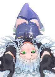 Rule 34 | 1girl, :c, absurdres, ass, black gloves, blurry, blush, breasts, closed mouth, clothes writing, coat, depth of field, facial tattoo, girls&#039; frontline, gloves, green eyes, greyscale, high heels, highres, hk416 (girls&#039; frontline), knees up, large breasts, long hair, looking at viewer, lying, monochrome, on back, outstretched arms, purple coat, purple thighhighs, reaching, reaching towards viewer, ringobatake, simple background, smile, solo, tattoo, teardrop tattoo, thighhighs, upside-down, white background
