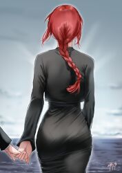 Rule 34 | 1boy, 1girl, absurdres, ass, black dress, black jacket, braid, chainsaw man, cloud, day, dress, french braid, from behind, highres, holding hands, jacket, long hair, long sleeves, makima (chainsaw man), ocean, outdoors, pantylines, red hair, signature, sky, taut clothes, taut dress, wind, zasshu