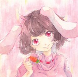 Rule 34 | 1girl, ahoge, animal ears, brown hair, carrot necklace, closed mouth, commentary request, floppy ears, head tilt, inaba tewi, jewelry, kudami rido, looking at viewer, necklace, painting (medium), pink background, pink skirt, portrait, rabbit ears, rabbit girl, red eyes, ribbon-trimmed shirt, short hair, skirt, smile, solo, touhou, traditional media, watercolor (medium)
