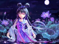 Rule 34 | 1girl, bug, closed eyes, fireflies, firefly, flower, full moon, hair rings, insect, lotus, luo tianyi, meng qi, moon, music, night, open mouth, outdoors, outstretched arms, see-through, singing, solo, vocaloid, wading, water
