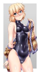 Rule 34 | 1girl, bad id, bad twitter id, blonde hair, blush, breasts, cameltoe, competition swimsuit, covered navel, green eyes, highleg, highleg swimsuit, highres, jacket, looking at viewer, medium breasts, mizuhashi parsee, navel, one-piece swimsuit, ootsuki wataru, pointy ears, removing jacket, short hair, sideboob, solo, swimsuit, touhou, turtleneck