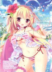 Rule 34 | 1girl, absurdres, balloon, bikini, blonde hair, blue sky, breasts, day, fang, flower, food, hair flower, hair ornament, highres, holding, holding food, ice cream, ice cream cone, large breasts, bridal garter, long hair, looking at viewer, navel, original, palm tree, red eyes, see-through, shell hair ornament, shiromochi sakura, sky, smile, solo, starfish hair ornament, swimsuit, tree, underboob, very long hair, water, wet