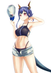 Rule 34 | 1girl, arknights, armpits, bare arms, bare shoulders, baseball cap, bikini, black bikini, blue hair, breasts, ch&#039;en (arknights), ch'en (arknights), commentary request, cowboy shot, dorai, dragon horns, dragon tail, female tourist c (arknights), grey shorts, hands up, hat, highres, holding, holding clothes, holding hat, horns, long hair, looking at viewer, medium breasts, navel, official alternate costume, open fly, partial commentary, red eyes, short shorts, shorts, simple background, solo, standing, stomach, swimsuit, tail, thighs, unworn hat, unworn headwear, white background