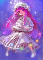 Rule 34 | 1girl, ama-tou, blunt bangs, bobby socks, book, bow, capelet, crescent, female focus, flying, glowing, hair bow, hat, highres, long hair, multiple hair bows, no shoes, open book, patchouli knowledge, purple eyes, purple hair, robe, smile, socks, solo, star (symbol), striped, touhou