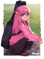 Rule 34 | 1girl, artist name, black skirt, black socks, blue eyes, bocchi the rock!, border, breasts, brown footwear, carrying case, cube hair ornament, gotoh hitori, guitar case, hair between eyes, hair ornament, highres, instrument case, jacket, loafers, long hair, long sleeves, looking at viewer, miniskirt, nesian., outdoors, pink hair, pink jacket, pink track suit, pleated skirt, shoes, skirt, socks, solo, squatting, turtle, white border