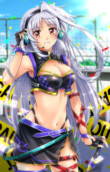 Rule 34 | 1girl, arm strap, black skirt, blush, breasts, caution tape, cleavage, cleavage cutout, clothing cutout, fingerless gloves, gloves, grey hair, headset, highres, long hair, looking at viewer, lyrical nanoha, mahou shoujo lyrical nanoha, mahou shoujo lyrical nanoha a&#039;s, medium breasts, race queen, red eyes, reinforce, san-pon, skirt, sleeveless, solo, thigh strap, umbrella, very long hair, wristband