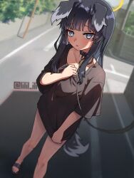 Rule 34 | 1girl, animal ears, black collar, black hair, black shirt, blue archive, blue eyes, blurry, blurry background, blush, collar, collarbone, commentary request, dog ears, dog girl, dog tail, glaze artifacts, hibiki (blue archive), leash, long hair, looking at viewer, outdoors, paid reward available, sandals, shirt, short sleeves, solo, special cat, standing, tail, toes
