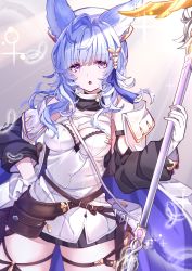 Rule 34 | 1girl, absurdres, animal ear fluff, animal ears, bag, blue hair, breasts, cape, cleavage, cleavage cutout, clothing cutout, commentary request, cowboy shot, detached sleeves, dress, erune, fanny pack, feathers, gloves, granblue fantasy, hair ornament, hand on own hip, highres, holding, holding staff, lace trim, light rays, long hair, medium breasts, open mouth, short dress, shoulder bag, sleeveless, sleeveless dress, solo, sparkle, staff, standing, sunbeam, sunlight, tikoh, white dress, white gloves, yoake