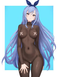 1girl areola_slip bae_minah_(chaesu) blue_background blue_bow blue_eyes blue_hair bodystocking bodystocking_only border borrowed_character bow breasts breasts_apart bright_pupils commentary covered_navel cowboy_shot cross_pasties gluteal_fold hair_bow hand_on_own_thigh highres large_breasts long_hair looking_at_viewer orange_eyes original paid_reward_available parted_lips pasties simple_background solo two-tone_eyes very_long_hair white_border white_pupils yan_kodiac