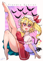 Rule 34 | 1girl, ascot, bare legs, barefoot, blonde hair, carte, feet, flandre scarlet, full moon, hat, highres, laevatein (tail), laevatein (touhou), mob cap, moon, open mouth, pointy ears, puffy short sleeves, puffy sleeves, red eyes, short sleeves, signature, skirt, soles, solo, tail, toes, touhou, wings